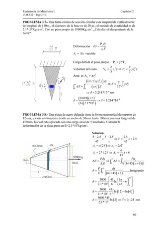 Resistencia de Materiales I Capitulo III 
U.M.S.S – Ing.Civil 
---------------------------------------------------------------------------------------------------------- 
PROBLEMA 3.7.- Una barra cónica de sección circular esta suspendida verticalmente 
de longitud de 150m., el diámetro de la base es de 20 m., el modulo de elasticidad es de 
2.1*106Kg./cm2. Con un peso propio de 18000Kg./m3. ¿Calcular el alargamiento de la 
barra? 
y P 
Deformación = 
dy 
x 
d 
A E 
δ 
Es variable x A = 
Carga debida al peso propio Py =γ *Vx 
2 2 
x Volumen del cono V 
r y P r y 
3 x y 3 x 
π π 
= ⇒ = γ 
2 
x Area es A x =π r 
(( ) 2 
) 
( ) 
x l 
⇒ = 
∫ ∫ ∫ 
2 0 
0 0 
6 
/ 3 
3 
3.214*10 
l 
x 
r y dy 
ydy 
d r E E 
mm 
δ 
π γ γ 
δ 
δ π 
δ − 
= 
⇒ = 
( )( ) 
2 
( )( ) 
6 
0.018 1.5 
δ = ⇒δ = − 
6 
3.214*10 
6 2.1*10 
PROBLEMA 3.8.- Una placa de acero delgada tiene la forma trapezoidal de espesor de 
12mm, y varia unifórmenle desde un ancho de 50mm.hasta 100mm.con una longitud de 
450mm, lo cual esta aplicada con una carga axial de 5 toneladas. Calcular la 
deformación de la placa para un E=2.1*106kg/cm2. 
Solución. 
5 − 2.5 Y − 
2.5 Y 2.5 x 
2.5 
45 x 
45 
= ⇒ = + 
(2 ) 2 x x A = e Y ⇒ A = eY 
2*1.2 6 6 
x x 45 A = Y ⇒ A = x + 
Pdx l Pd 
x 
A E x E 
δ Δδ = ⇒ Δδ = 
0 0 ((6 / 45) 6) 
x 
+ ∫ ∫ 
(( ) ) 
P 45 
dx 
E 0 
x 
.........Integrando 
6 /45 6 
δ = 
+ ∫ 
⎡ ⎛ ⎞ 45 
⎤ = ⎢ ⎜ + ⎟ ⎥ 
δ x 
6 
0 
5000 45 ln 6 6 
2.1*10 6 45 
⎢⎣ ⎝ ⎠ ⎥⎦ 
5000 45 ln 12 ln 6 
2.1*10 6 
( ) ( ) 6 
δ = ⎡⎣ − ⎤⎦ 
5000*45 ln ( 2 ) 0.124 
2.1*10 
6 
δ = ⇒δ = mm 
69 
 