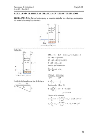 Resistencia de Materiales I Capitulo III 
U.M.S.S – Ing.Civil 
---------------------------------------------------------------------------------------------------------- 
RESOLUCIÓN DE SISTEMAS ESTATICAMENTE INDETERMINADOS 
PROBLEMA 3.10.- Para el sistema que se muestra, calcular los esfuerzos normales en 
las barras elásticas (E=constante) 
……………………………………………………………………………………………. 
Solución. 
2 ( ) 
A 2 1 ΣM = 0⇒−2aT −4 2qa +30a 3a = 0 
+ = + 
2 1 2T +4T = 2 15 1 
aT + 
a 
+90(1) 
2 1 2T 4T 2qa 90 
( )( ) 
( ) 2 1 T +2T = 60........ 1 Análisis por deformación 
δ δ 
2 1 
1 2 2 
= ⇒δ = δ 
2a 4a 
( )( ) 
( ) 
( )( )( ) 
T a T a 
1 2 6 2 4 
2 1 
( ) 
= 
E E 
8 ............ 2 
3 
( ) 1 2 
T = T 
Sustituyendo (2)en (1) 
⎛⎜ ⎞⎟ + ⎜⎜ ⎟⎟= ⇒ = ⎝ ⎠ 
2 8 60 9.47 
3 
T T T K 
2 2 2 
Análisis de la deformación de la barra 
N 
N 1 T = 25.25K 
Cálculo de los esfuerzos 
T 25.25 = 12.625 / 
A 2 
1 2 
1 1 2 1 
1 
KN KN cm 
cm 
σ ⇒σ = ⇒σ = 
T 9.47 = 9 
A 1 
2 2 
σ ⇒σ = ⇒σ = 
2 2 2 2 
2 
KN 
.47 KN / cm 
cm 
71 
 