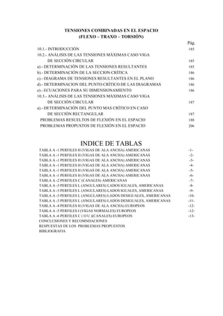 TENSIONES COMBINADAS EN EL ESPACIO 
(FLEXO – TRAXO – TORSIÓN) 
Pág. 
10.1.- INTRODUCCIÓN 185 
10.2.- ANÁLISIS DE LAS TENSIONES MÁXIMAS CASO VIGA 
DE SECCIÓN CIRCULAR 185 
a).- DETERMINACIÓN DE LAS TENSIONES RESULTANTES 185 
b).- DETERMINACIÓN DE LA SECCION CRÍTICA 186 
c).- DIAGRAMA DE TENSIONES RESULTANTES EN EL PLANO 186 
d).- DETERMINACION DEL PUNTO CRÍTICO DE LAS DIAGRAMAS 186 
e).- ECUACIONES PARA SU DIMENSIONAMIENTO 186 
10.3.- ANÁLISIS DE LAS TENSIONES MÁXIMAS CASO VIGA 
DE SECCIÓN CIRCULAR 187 
a).- DETERMINACIÓN DEL PUNTO MAS CRÍTICO EN CASO 
DE SECCIÓN RECTANGULAR 187 
PROBLEMAS RESUELTOS DE FLEXIÓN EN EL ESPACIO 188 
PROBLEMAS PROPUSTOS DE FLEXIÓN EN EL ESPACIO 206 
INDICE DE TABLAS 
TABLA A -1 PERFILES H (VIGAS DE ALA ANCHA) AMERICANAS -1- 
TABLA A -1 PERFILES H (VIGAS DE ALA ANCHA) AMERICANAS -2- 
TABLA A -1 PERFILES H (VIGAS DE ALA ANCHA) AMERICANAS -3- 
TABLA A -1 PERFILES H (VIGAS DE ALA ANCHA) AMERICANAS -4- 
TABLA A -1 PERFILES H (VIGAS DE ALA ANCHA) AMERICANAS -5- 
TABLA A -1 PERFILES H (VIGAS DE ALA ANCHA) AMERICANAS -6- 
TABLA A -2 PERFILES C (CANALES) AMERICANAS -7- 
TABLA A -3 PERFILES L (ANGULARES) LADOS IGUALES, AMERICANAS -8- 
TABLA A -3 PERFILES L (ANGULARES) LADOS IGUALES, AMERICANAS -9- 
TABLA A -3 PERFILES L (ANGULARES) LADOS DESIGUALES, AMERICANAS -10- 
TABLA A -3 PERFILES L (ANGULARES) LADOS DESIGUALES, AMERICANAS -11- 
TABLA A -4 PERFILES H (VIGAS DE ALA ANCHA) EUROPEOS -12- 
TABLA A -5 PERFILES I (VIGAS NORMALES) EUROPEOS -12- 
TABLA A -6 PERFILES C ( O U )(CANALES) EUROPEOS -13- 
CONCLUSIONES Y RECOMNDACIONES 
RESPUESTAS DE LOS PROBLEMAS PROPUESTOS 
BIBLIOGRAFIA 
 