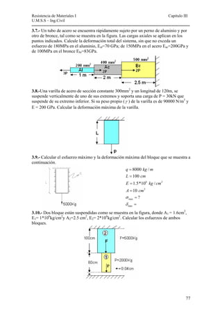 Resistencia de Materiales I Capitulo III 
U.M.S.S – Ing.Civil 
---------------------------------------------------------------------------------------------------------- 
3.7.- Un tubo de acero se encuentra rápidamente sujeto por un perno de aluminio y por 
otro de bronce, tal como se muestra en la figura. Las cargas axiales se aplican en los 
puntos indicados. Calcule la deformación total del sistema, sin que no exceda un 
esfuerzo de 180MPa en el aluminio, Eal=70 GPa; de 150MPa en el acero Eac=200GPa y 
de 100MPa en el bronce Ebr=83GPa. 
3.8.-Una varilla de acero de sección constante 300mm2 y un longitud de 120m, se 
suspende verticalmente de uno de sus extremos y soporta una carga de P = 30kN que 
suspende de su extremo inferior. Si su peso propio (γ ) de la varilla es de 90000 N/m3 y 
E = 200 GPa. Calcular la deformación máxima de la varilla. 
3.9.- Calcular el esfuerzo máximo y la deformación máxima del bloque que se muestra a 
continuación. 
q kgm 
L cm 
E kg 
A cm 
σ 
δ 
8000 / 
100 
1.5*10 / 
10 
? 
6 2 
2 
= 
= 
= 
= 
max 
max 
cm 
= 
= 
3.10.- Dos bloque están suspendidas como se muestra en la figura, donde A1 = 1.6cm2, 
E1= 1*106kg/cm2y A2=2.5 cm2, E2= 2*106kg/cm2. Calcular los esfuerzos de ambos 
bloques. 
77 
 