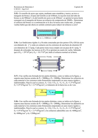 Resistencia de Materiales I Capitulo III 
U.M.S.S – Ing.Civil 
---------------------------------------------------------------------------------------------------------- 
3.15.- Un tornillo de acero que sujeta, mediante unas arandelas y tuerca, un tuvo o 
manguito de bronce. El paso del tornillo es de 0.80mm, la sección recta del tubo de 
bronce es de 900mm2 y la del tornillo de acero es de 450mm2. se aprieta la tuerca hasta 
conseguir en el manguito de bronce un esfuerzo de compresión de 30MPa . Determinar 
el esfuerzo del bronce si a continuación se le da a la tuerca una vuelta más. ¿Cuantas 
vueltas habrá que dar ahora en sentido contrario para reducir tal esfuerzo a cero? 
34 
3.16.- Las fundiciones rígidas A y B están conectadas por dos pernos CD y GH de acero 
con diámetro de “y están en contacto con los extremos de una barra de aluminio EF 
con diámetros de 1.5 pulg. Cada perno tiene rosca simple con un paso de 0.1 pulg. Y 
después de colocadas, las tuercas en D y H se aprietan un cuarto de vuelta. Sabiendo 
que el Eac = 29*106 psi y Eal = 10.1*106 psi, halle el esfuerzo normal en la barra. 
3.17.- Una varilla esta formada de tres partes distintas, como se indica en la figura, y 
soporta unas fuerzas axiales de P1= 5000Kg y P2= 2000Kg. Determinar los esfuerzos en 
cada material si los extremos están firmemente empotrados en unos muros rígidos e 
indeformables. Para lo cual se conoce: A1 =2A2=3 A3, L1 =L2=L3, E1=1.2*105kg/cm2 
, 
E2=1.8*105kg/cm2 E3= 2.1*106kg/cm2 
y el diámetro de la barra tres es de 1cm. 
3.18.- Una varilla esta formada de tres partes distintas, como se indica en la figura, y 
soporta unas fuerzas axiales de P1= 5000Kg y P2= 2000Kg. Determinar los diámetros en 
cada material si los extremos están firmemente empotrados en unos muros rígidos e 
indeformables. Para lo cual se conoce: A1 =2A2=3 A3, L1 =L2=L3, E1=1.2*105kg/cm2 
, 
E2=1.8*105kg/cm2 E3= 2.1*106kg/cm2 
y los esfuerzos admisibles son: σ1=600kg/cm2, 
σ2=800kg/cm2 y σ2=1200kg/cm2. 
79 
 