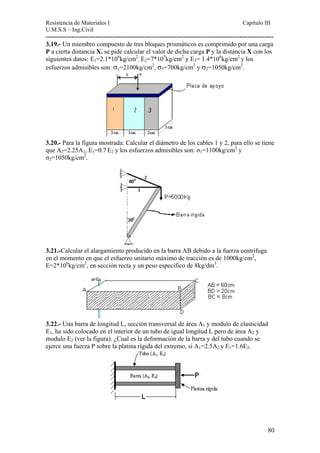 Resistencia de Materiales I Capitulo III 
U.M.S.S – Ing.Civil 
---------------------------------------------------------------------------------------------------------- 
3.19.- Un miembro compuesto de tres bloques prismáticos es comprimido por una carga 
P a cierta distancia X. se pide calcular el valor de dicha carga P y la distancia X con los 
siguientes datos: E1=2.1*106kg/cm2 
, E2=7*105kg/cm2 y E3= 1.4*106kg/cm2 
y los 
esfuerzos admisibles son: σ1=2100kg/cm2, σ3=700kg/cm2 y σ2=1050kg/cm2. 
3.20.- Para la figura mostrada: Calcular el diámetro de los cables 1 y 2, para ello se tiene 
que A2=2.25A1, E1=0.7 E2 y los esfuerzos admisibles son: σ1=1100kg/cm2 y 
σ2=1050kg/cm2. 
3.21.-Calcular el alargamiento producido en la barra AB debido a la fuerza centrifuga 
en el momento en que el esfuerzo unitario máximo de tracción es de 1000kg/cm2, 
E=2*106kg/cm2, en sección recta y un peso especifico de 8kg/dm3. 
3.22.- Una barra de longitud L, sección transversal de área A1 y modulo de elasticidad 
E1, ha sido colocado en el interior de un tubo de igual longitud L pero de área A2 y 
modulo E2 (ver la figura). ¿Cual es la deformación de la barra y del tubo cuando se 
ejerce una fuerza P sobre la platina rígida del extremo, si A1=2.5A2 y E1=1.6E2. 
80 
 