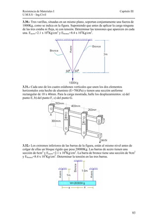 Resistencia de Materiales I Capitulo III 
U.M.S.S – Ing.Civil 
---------------------------------------------------------------------------------------------------------- 
3.30.- Tres varillas, situadas en un mismo plano, soportan conjuntamente una fuerza de 
1000Kg, como se indica en la figura. Suponiendo que antes de aplicar la carga ninguna 
de las tres estaba ni floja, ni con tensión. Determinar las tensiones que aparecen en cada 
una. Eacero=2.1 x 106Kg/cm2 y Ebronce=8.4 x 105Kg/cm2. 
3.31.- Cada uno de los cuatro eslabones verticales que unen los dos elementos 
horizontales esta hecho de aluminio (E=70GPa) y tienen una sección uniforme 
rectangular de 10 x 40mm. Para la carga mostrada, halle los desplazamientos: a) del 
punto E, b) del punto F, c) del punto G. 
3.32.- Los extremos inferiores de las barras de la figura, están al mismo nivel antes de 
colgar de ellas un bloque rígido que pesa 20000Kg. Las barras de acero tienen una 
sección de 6cm2 y Eacero=2.1 x 106Kg/cm2. La barra de bronce tiene una sección de 9cm2 
y Ebronce=8.4 x 105Kg/cm2. Determinar la tensión en las tres barras. 
83 
 
