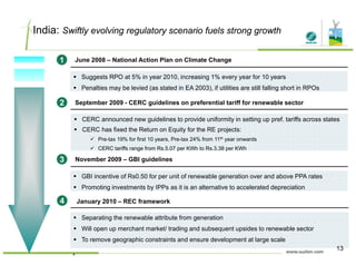 India: Swiftly evolving regulatory scenario fuels strong growth
1 June 2008 – National Action Plan on Climate Change
Suggests RPO at 5% in year 2010, increasing 1% every year for 10 years
( ) f f O
September 2009 - CERC guidelines on preferential tariff for renewable sector2
CERC announced new guidelines to provide uniformity in setting up pref tariffs across states
Penalties may be levied (as stated in EA 2003), if utilities are still falling short in RPOs
CERC announced new guidelines to provide uniformity in setting up pref. tariffs across states
CERC has fixed the Return on Equity for the RE projects:
Pre-tax 19% for first 10 years, Pre-tax 24% from 11th year onwards
CERC tariffs range from Rs.5.07 per KWh to Rs.3.38 per KWh
3 November 2009 – GBI guidelines
GBI incentive of Rs0.50 for per unit of renewable generation over and above PPA rates
Promoting investments by IPPs as it is an alternative to accelerated depreciationg y p
4 January 2010 – REC framework
Separating the renewable attribute from generation
Will open up merchant market/ trading and subsequent upsides to renewable sector
To remove geographic constraints and ensure development at large scale
4
13
 