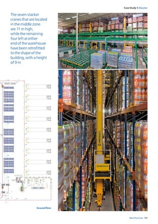 107Best Practices
Case Study I Zbyszko
The seven stacker
cranes that are located
in the middle zone
are 11 m high,
while the remaining
four left at either
end of the warehouse
have been retrofitted
to the shape of the
building, with a height
of 9 m
Groundfloor
 
