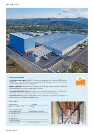 126 Best Practices
Case Study I DAFSA
Storagecapacity 23,232pallets
Maximumweightperpallet 1,050kg
Heightofthewarehouse 39m
Typeofstackercranes Double-deep,twin-mast
No.ofstackercranes 4
No.ofshuttles 2
Preloadchannels 21
Capacityperchannel 11
Constructionsystem Self-supporting
Advantages for DAFSA
- Enhanced storage capacity: the DAFSA warehouse has a capacity of more than 23,000 pallets,
800x1200mminsize.Thefacilityhasaspacepurposedforfutureexpansion,whichallowsstorage
capacity to be multiplied up to 40,000 pallets.
- Overall appearance: construction of a modern, high technology logistics centre, but at the same
time integrated into the countryside in which it is located.
- Increased logistical efficiency: DAFSA has improved its logistical efficiency thanks to the
automation of in­house movements and the connection with production outputs.
- Complete control: the Mecalux Easy MWS software manages all movements, processes and
operations that take place inside the warehouse.
Technicaldata
 