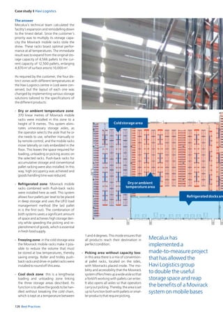 Case study I Havi Logistics
128 Best Practices
The answer
Mecalux’s technical team calculated the
facility’s expansion and remodelling down
to the tiniest detail. Since the customer’s
priority was to multiply its storage capa-
city the Movirack mobile racks stole the
show. These racks boast optimal perfor-
mance at all temperatures. The immediate
result was to expand from the original sto-
rage capacity of 4,566 pallets to the cur-
rent capacity of 12,500 pallets, enlarging
4,870m2
ofsurfaceareato10,000m2
.
As required by the customer, the four dis-
tinct zones with different temperatures at
the Havi Logistics centre in Lodi were con-
served, but the layout of each one was
changed by implementing various storage
solutions tailored to the specifications of
thedifferentproducts:
- Dry or ambient temperature zone:
370 linear metres of Movirack mobile
racks were installed in this zone to a
height of 9 metres. This system elimi-
nates unnecessary storage aisles, as
the operator selects the aisle that he or
she needs to use, whether manually or
by remote control, and the mobile racks
move laterally on rails embedded in the
floor. This leaves the space required for
loading, unloading or picking access on
the selected racks. Push-back racks for
accumulative storage and conventional
pallet racking were also installed. In this
way, high occupancy was achieved and
goodshandlingtimewasreduced.
- Refrigerated zone: Movirack mobile
racks combined with Push-back racks
were installed here as well. This system
allows four pallets per level to be placed
in deep storage and uses the LIFO load
management method (the last pallet
in is the first out). The combination of
both systems saves a significant amount
of space and achieves high storage den-
sity while speeding the picking and re-
plenishmentofgoods,whichisessential
infreshfoodsupply.
- Freezing zone: in the cold storage area
the Movirack mobile racks make it pos-
sible to reduce the volume that must
be stored at low temperatures, thereby
saving energy. Roller and trolley push-
back racks and drive-in pallet racks were
installedtoroundoffthisarea.
- Cool dock zone: this is a lengthwise
loading and unloading zone linking
the three storage areas described. Its
function is to allow the goods to be han-
dled without breaking the cold chain,
which is kept at a temperature between
1 and 4 degrees. This mode ensures that
all products reach their destination in
perfectcondition.
- Picking area without capacity loss:
in this area there is a mix of convention-
al pallet racks, located on the sides,
with Moviracks placed inside. The mo-
bility and accessibility that the Movirack
systemoffersfreesupawideaislesothat
a forklift working with pallets can enter.
It also opens all aisles so that operators
carryoutpicking.Thereby,theareaisset
up to function both with pallets or smal-
lerproductsthatrequirepicking.
Mecalux has
implemented a
made-to-measure project
that has allowed the
Havi Logistics group
to double the useful
storage space and reap
the benefits of a Movirack
system on mobile bases
 