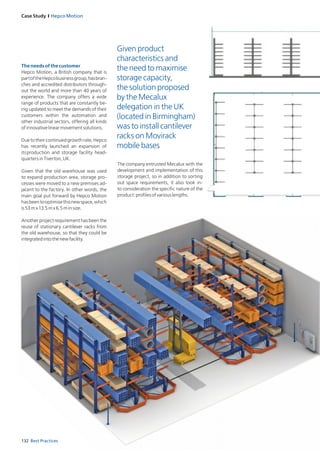 Case Study I Hepco Motion
132 Best Practices
Theneedsofthecustomer
Hepco Motion, a British company that is
partoftheHepcobusinessgroup,hasbran-
ches and accredited distributors through-
out the world and more than 40 years of
experience. The company offers a wide
range of products that are constantly be-
ing updated to meet the demands of their
customers within the automation and
other industrial sectors, offering all kinds
ofinnovativelinearmove­mentsolutions.
Duetotheircontinuedgrowthrate,Hepco
has recently launched an expansion of
its production and storage facility head-
quartersinTiverton,UK.
Given that the old warehouse was used
to expand production area, storage pro-
cesses were moved to a new premises ad-
jacent to the factory. In other words, the
main goal put forward by Hepco Motion
hasbeentooptimisethisnewspace,which
is53mx13.5mx6.5minsize.
Another project requirement has been the
reuse of stationary cantilever racks from
the old warehouse, so that they could be
integratedintothenewfacility.
The company entrusted Mecalux with the
development and implementation of this
storage project, so in addition to sorting
out space requirements, it also took in-
to consideration the specific nature of the
product:profilesofvariouslengths.
Given product
characteristics and
the need to maximise
storage capacity,
the solution proposed
by the Mecalux
delegation in the UK
(located in Birmingham)
was to install cantilever
racks on Movirack
mobile bases
 