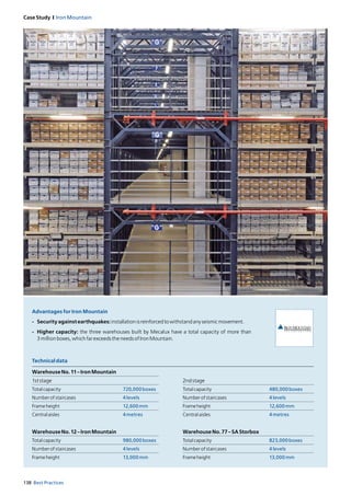 138 Best Practices
Case Study I Iron Mountain
Technicaldata
WarehouseNo.11–IronMountain
1ststage
Totalcapacity 720,000boxes
Numberofstaircases 4levels
Frameheight 12,600mm
Centralaisles 4metres
WarehouseNo.12–IronMountain
Totalcapacity 980,000boxes
Numberofstaircases 4levels
Frameheight 13,000mm
2ndstage
Totalcapacity 480,000boxes
Numberofstaircases 4levels
Frameheight 12,600mm
Centralaisles 4metres
WarehouseNo.77–SAStorbox
Totalcapacity 823,000boxes
Numberofstaircases 4levels
Frameheight 13,000mm
Advantages for Iron Mountain
-	 Securityagainstearthquakes:installationisreinforcedtowithstandanyseismicmovement.
-	 Higher capacity: the three warehouses built by Mecalux have a total capacity of more than
3millionboxes,whichfarexceedstheneedsofIronMountain.
 