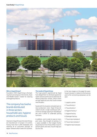 14 Best Practices
Case Study I Hayat Kimya
Who is Hayat Kimya?
Founded in 1937, Hayat Kimya is the lead­
ingchemicalcompanyintheTurkish,Asian
and Middle Eastern market for cleaning
andhygieneproducts.
TheneedsofHayat Kimya
The huge growth experienced by Hayat
had obliged them to distribute goods be­
tween several warehouses located near di-
fferent production centres, which involv­
ed high logistical costs that could increase
overtheyears.
Faced with this situation and seeking to re-
duce production costs, Hayat Kimya de-
cided to build a single warehouse with a
minimum storage capacity of 150,000 pal­
lets and in which to undertake picking
functions.
In addition, and in order to save on trans-
port costs, they thought of putting it in
a space available in their largest facility,
equal distance from three of their most im-
portant plants and near a fourth high pro-
ductionsite.
In the two images on this page the ware-
house’s location in relation to the factories
and to the connecting overpasses can be
seen:
1.	Logisticscentre
2.	Tissuefactory1
3.	Tissuefactory2 
4.	Hygienefactory1
5.	Hygienefactory
6.	Detergentfactory
7.	Tissueinputoverpass2
8.	Tissueinputoverpass1
9.	Hygieneinputoverpass
The company has twelve
brands distributed
in three sectors:
household care, hygiene
products and tissues
Atpresent,HayatKimyaistheseventhlarg-
est manufacturer in Europe in its sector,
having more than 5,200 employees and
reaching all its consumers through an
export network which covers101countries. 
 
