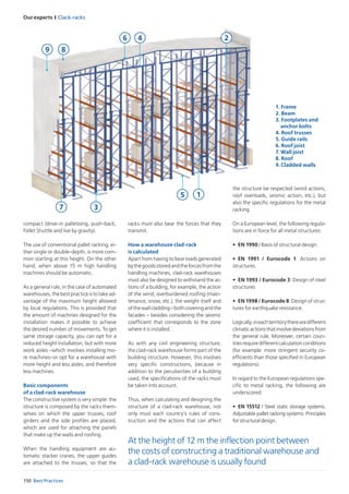 Our experts I Clack-racks
150 Best Practices
9 8
37
15
46 2
compact (drive-in palletising, push-back,
Pallet Shuttle and live by gravity).
The use of conventional pallet racking, ei-
ther single or double-depth, is more com-
mon starting at this height. On the other
hand, when above 15 m high handling
machines should be automatic.
As a general rule, in the case of automated
warehouses, the best practice is to take ad-
vantage of the maximum height allowed
by local regulations. This is provided that
the amount of machines designed for the
installation makes it possible to achieve
the desired number of movements. To get
same storage capacity, you can opt for a
reduced height installation, but with more
work aisles –which involves installing mo-
re machines–or opt for a warehouse with
more height and less aisles, and therefore
less machines.
Basic components
of a clad-rack warehouse
The constructive system is very simple: the
structure is composed by the racks them-
selves on which the upper trusses, roof
girders and the side profiles are placed,
which are used for attaching the panels
that make up the walls and roofing.
When the handling equipment are au-
tomatic stacker cranes, the upper guides
are attached to the trusses, so that the
At the height of 12 m the inflection point between 	
the costs of constructing a traditional warehouse and 	
a clad-rack warehouse is usually found
1. Frame
2. Beam
3. Footplates and 	
	 anchor bolts
4. Roof trusses
5. Guide rails
6. Roof joist
7. Wall joist
8. Roof
9. Cladded walls
the structure be respected (wind actions,
roof overloads, seismic action, etc.), but
also the specific regulations for the metal
racking.
On a European level, the following regula-
tions are in force for all metal structures:
•	 EN 1990 / Basis of structural design.
•	 EN 1991 / Eurocode 1: Actions on
structures.
•	 EN 1993 / Eurocode 3: Design of steel
structures
•	 EN 1998 / Eurocode 8: Design of struc-
tures for earthquake resistance.
Logically,ineachterritorytherearedifferent
climaticactionsthatinvolvedeviationsfrom
the general rule. Moreover, certain coun-
triesrequiredifferentcalculationconditions
(for example: more stringent security co-
efficients than those specified in European
regulations).
In regard to the European regulations spe-
cific to metal racking, the following are
underscored:
•	 EN 15512 / Steel static storage systems.
Adjustable pallet racking systems. Principles
for structural design.
racks must also bear the forces that they
transmit.
How a warehouse clad-rack
is calculated
Apart from having to bear loads generated
bythegoodsstoredandtheforcesfromthe
handling machines, clad-rack warehouses
must also be designed to withstand the ac-
tions of a building, for example, the action
of the wind, overburdened roofing (main-
tenance, snow, etc.), the weight itself and
ofthewallcladding–bothcoveringandthe
facades – besides considering the seismic
coefficient that corresponds to the zone
where it is installed.
As with any civil engineering structure,
the clad-rack warehouse forms part of the
building structure. However, this involves
very specific constructions, because in
addition to the peculiarities of a building
used, the specifications of the racks must
be taken into account.
Thus, when calculating and designing the
structure of a clad-rack warehouse, not
only must each country’s rules of cons-
truction and the actions that can affect
 
