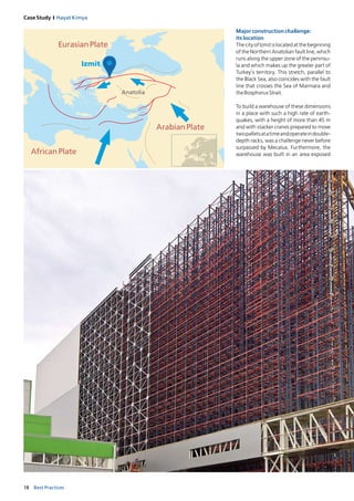 18 Best Practices
Case Study I Hayat Kimya
Major construction challenge:
its location 
The city of Izmit is located at the beginning
of the Northern Anatolian fault line, which
runs along the upper zone of the peninsu-
la and which makes up the greater part of
Turkey’s territory. This stretch, parallel to
the Black Sea, also coincides with the fault
line that crosses the Sea of Marmara and
theBosphorusStrait.
To build a warehouse of these dimensions
in a place with such a high rate of earth­
quakes, with a height of more than 45 m
and with stacker cranes prepared to ­move
twopalletsatatimeandoperateindouble-
depth racks, was a challenge never before
surpassed by Mecalux. Furthermore, the
warehouse was built in an area exposed
Izmit
Anatolia
AfricanPlate
ArabianPlate
EurasianPlate
 