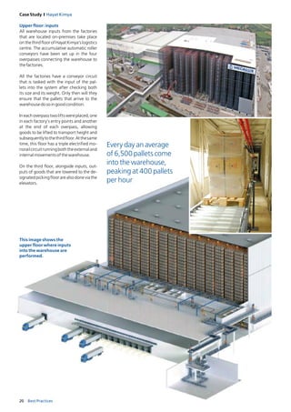 20 Best Practices
Case Study I Hayat Kimya
20 Best Practices
Upperfloor:inputs
All warehouse inputs from the factories
that are located on-premises take place
on the third floor of Hayat Kimya’s logistics
centre. The accumulative automatic roller
conveyors have been set up in the four
overpasses connecting the warehouse to
thefactories.
All the factories have a conveyor circuit
that is tasked with the input of the pal-
lets into the system after checking both
its size and its weight. Only then will they
ensure that the pallets that arrive to the
warehousedosoingoodcondition.
Ineachoverpasstwoliftswereplaced,one
in each factory’s entry points and another
at the end of each overpass, allowing
goods to be lifted to transport height and
subsequentlytothethirdfloor.Atthesame
time, this floor has a triple electrified mo-
norailcircuitrunningboththeexternaland
internalmovementsofthewarehouse.
On the third floor, alongside inputs, out-
puts of goods that are lowered to the de-
signated picking floor are also done via the
elevators.
Every day an average
of 6,500 pallets come
into the warehouse,
peaking at 400 pallets
per hour
This image shows the
upper floor where inputs
into the warehouse are
performed.
 