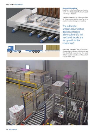 26 Best Practices
Case Study I Hayat Kimya
Automaticunloading
Inaddition,onthelowerfloormerchandise
inputs from the detergent factory (located
2kmaway)isalsodone.
The inputs take place on the ground floor
via three reception docks, one of which is
readiedtoautomaticallyrununloading.
From here, the pallets pass, one by one,
through the checkpoint and continue via
the electrified monorails to the input
stations located inside the warehouse that
isfoundonthisfloor.
The automatic
unloads accumulation
device can receive
all the pallets of a full
truckload (trucks are
set up with similar
equipment)
 