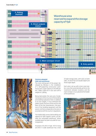 44 Best Practices
Case study I Ypê
Solution adopted:
clad-rack warehouse
The most striking part of the project de-
veloped by Mecalux is the installation
of a self-supporting construction ware-
house with a total capacity of 24,168 pal-
lets, 1000 x 1200 mm in size, each with a
weightof1,300kg.
Being clad-racked, the racks are a funda-
mental part of the structure of the building
and cladding is placed on them. In addition
to its own weight, it must withstand the
pallets stored, the force of the wind on the
basis of the site characteristics, the pres-
sure of the handling equipment and the
seismic risk that corresponds to the zone in
accordancewiththecountry’sregulations.
The traditionally constructed buildings are
adjacent to Ypê’s logistics centre, just be-
sides the automated warehouse, where
available space has been set aside for futu-
reexpansion.
At present, this 29.5 m high, 107.5 m long
and 49.5 m wide warehouse has a total
of eight storage aisles, with racks on both
sides, of which five are double-depth and
threesingle-depth.
Each aisle is set up with a twin-mast stac-
ker crane that automatically performs the
movements between locations and the
mainconveyorcircuit,placedattheheader
ofthewarehouse.
Warehousearea
reservedtoexpandthestorage
capacityofYpê
 