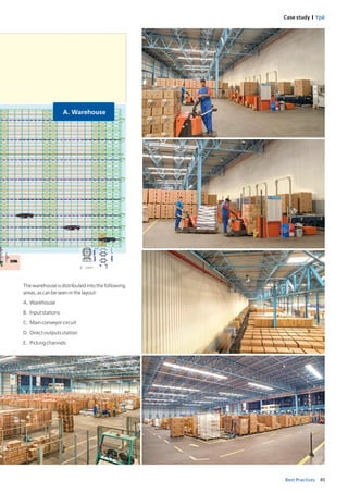 45Best Practices
Case study I Ypê
Thewarehouseisdistributedintothefollowing
areas,ascanbeseeninthelayout:
A. Warehouse
B. Inputstations
C. Mainconveyorcircuit
D. Directoutputsstation
E. Pickingchannels
 