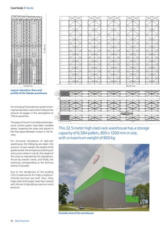 52 Best Practices
Case Study I Takeda
Outsideviewofthewarehouse
14,505mm
32,382mm
Aninnovativefireprotectionsystem(inert-
ing) has also been used, which reduces the
amount of oxygen in the atmosphere to
15%toavoidfires.
Thepipesoftheair’shumidityandtemper­
ature control system have been installed
above, targeting the aisles and placed in
the free space between trusses in the fa-
cility.
For structural calculations of clad-rack
warehouses the following are taken into
account: its own weight; the weight of the
goodsstored;thewindpressurebothpush
and suction where it is built; the weight of
the snow as indicated by the regulations;
thrusts by stacker cranes; and finally, the
seismicity corresponding to the territory
whereitislocated.
Due to the slenderness of the building
(14.5 m wide and 32.4 m high), a highly re-
inforced structure was built. Also, many
large sized anchorages have been placed
with the aim of absorbing maximum wind
pressure.
This 32.5 meter high clad-rack warehouse has a storage
capacity of 6,584 pallets, 800 x 1200 mm in size,
with a maximum weight of 800 kg
Layout: elevation, floor and
profile of the Takeda warehouse
85,657mm
 