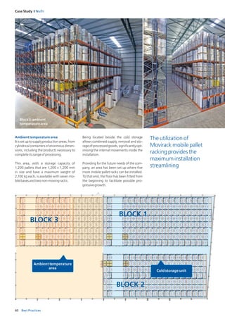 60 Best Practices
Case Study I Nufri
Ambienttemperaturearea
Itissetuptosupplyproductionareas,from
cylindrical containers of enormous dimen-
sions, including the products necessary to
completeitsrangeofprocessing.
This area, with a storage capacity of
1,200 pallets that are 1,200 x 1,200 mm
in size and have a maximum weight of
2,100 kg each, is available with seven mo-
bilebasesandtwonon-movingracks.
BLOCK 3
BLOCK 1
BLOCK 2
Being located beside the cold storage
allows combined supply, removal and sto-
rage of processed goods, significantly opt­
imising the internal movements inside the
installation.
Providing for the future needs of the com-
pany, an area has been set up where five
more mobile pallet racks can be installed.
To that end, the floor has been fitted from
the beginning to facilitate possible pro-
gressivegrowth.
Block3:ambient
temperaturearea
The utilization of
Movirack mobile pallet
racking provides the
maximum installation
streamlining
 