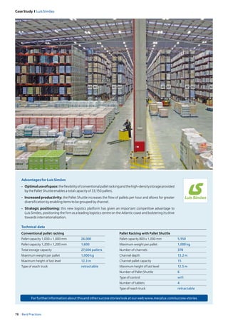 78 Best Practices
Case Study I Luís Simões
Technical data
Conventional pallet racking
Pallet capacity 1,000 x 1,000 mm 26,000
Pallet capacity 1,200 x 1,200 mm 1,600
Total storage capacity 27,600 pallets
Maximum weight per pallet 1,000 kg
Maximum height of last level 12.3 m
Type of reach truck retractable
Pallet Racking with Pallet Shuttle
Pallet capacity 800 x 1,000 mm 5,550
Maximum weight per pallet 1,000 kg
Number of channels 378
Channel depth 13.2 m
Channel pallet capacity 15
Maximum height of last level 12.5 m
Number of Pallet Shuttle 6
Type of control wifi
Number of tablets 4
Type of reach truck retractable
Advantages for Luís Simões
-	 Optimaluseofspace:theflexibilityofconventionalpalletrackingandthehigh-densitystorageprovided
by the Pallet Shuttle enables a total capacity of 33,150 pallets.
-	 Increased productivity: the Pallet Shuttle increases the flow of pallets per hour and allows for greater
diversification by enabling items to be grouped by channel.
-	 Strategic positioning: this new logistics platform has given an important competitive advantage to
Luís Simões, positioning the firm as a leading logistics centre on the Atlantic coast and bolstering its drive
towards internationalisation.
For further information about this and other success stories look at our web www.mecalux.com/success-stories
 