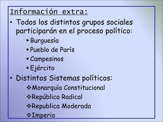 Información extra:
• Todos los distintos grupos sociales
participarán en el proceso político:
 Burguesía
 Pueblo de París
 Campesinos
 Ejército
• Distintos Sistemas políticos:
Monarquía Constitucional
República Radical
Republica Moderada
Imperio
 