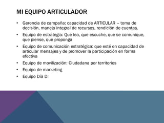 MI EQUIPO ARTICULADOR
• Gerencia de campaña: capacidad de ARTICULAR – toma de
decisión, manejo integral de recursos, rendición de cuentas.
• Equipo de estrategia: Que lea, que escuche, que se comunique,
que piense, que proponga
• Equipo de comunicación estratégica: que esté en capacidad de
articular mensajes y de promover la participación en forma
efectiva
• Equipo de movilización: Ciudadana por territorios
• Equipo de marketing
• Equipo Día D:
 