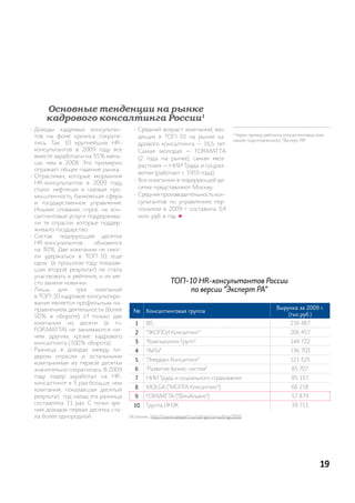 Основные тенденции на рынке
      кадрового консалтинга России1
•	 доходы кадровых консультан-          •	 средний возраст компаний, вхо-
   тов на фоне кризиса сократи-            дящих в топ-10 на рынке ка-
                                                                                         1
                                                                                           Через призму рейтинга консалтинговых ком-
                                                                                         паний, подготовленного “Эксперт ра”.
   лись. так, 10 крупнейших hr-            дрового консалтинга – 16,5 лет.
   консультантов в 2009 году все           самая молодая — ForMat tа
   вместе заработали на 35% мень-          (2 года на рынке), самая «воз-
   ше, чем в 2008. Это примерно
                                           растная» — нии труда и соцраз-
   отражает общее падение рынка.
                                           вития (работает с 1955 года).
•	 отраслями, которые «кормили»
                                        •	 Все компании в лидирующей де-
   hr-консультантов в 2009 году,
   стали: нефтяная и газовая про-          сятке представляют москву.
   мышленность, банковская сфера        •	 средняя производительность кон-
   и государственное управление.           сультантов по управлению пер-
   иными словами, спрос на кон-            соналом в 2009 г. составила 3,4
   салтинговые услуги поддержива-          млн. руб. в год. l
   ли те отрасли, которые поддер-
   живало государство.
•	 состав лидирующей десятки
   hr-консультантов       обновился
   на 30%. две компании не смог-
   ли удержаться в топ-10, еще
   одна (в прошлом году показав-
   шая второй результат) не стала
   участвовать в рейтинге, и их ме-
   сто заняли новички.                                    ТОП-10 HR-консультантов России
•	 лишь     для    трех   компаний                             по версии “Эксперт РА”
   в топ-10 кадровое консультиро-
   вание является профильным на-
   правлением деятельности (более                                                                            Выручка за 2009 г.
                                       №      Консалтинговая группа
   50% в обороте). и только две                                                                                  (тыс.руб.)
   компании из десяти (в т.ч.           1     iBs                                                                  216 487
   ForMat ta) не занимаются ни-
                                        2     “Экопси консалтинг”                                                  206 457
   чем другим, кроме кадрового
   консалтинга (100% оборота).          3     “компьюлинк групп”                                                   144 722
•	 разница в доходах между ли-          4     “айти”                                                               136 703
   дером отрасли и остальными
                                        5     “Энерджи консалтинг”                                                 121 325
   компаниями из первой десятки
   значительно сократилась. В 2009      6     “развитие бизнес-систем”                                              85 707
   году лидер заработал на hr-          7     нии труда и социального страхования                                   85 157
   консалтинге в 5 раз больше, чем
                                        8     Molga (“молга консалтинг”)                                            66 218
   компания, показавшая десятый
   результат, год назад эта разница     9     ForMat ta (“Финальянс”)                                               57 879
   составляла 11 раз. с точки зре-            группа инЭк                                                           39 711
                                        10
   ния доходов первая десятка ста-
   ла более однородной.               источник: http://www.raexpert.ru/ratings/consulting/2009




                                                                                                                                 19
 