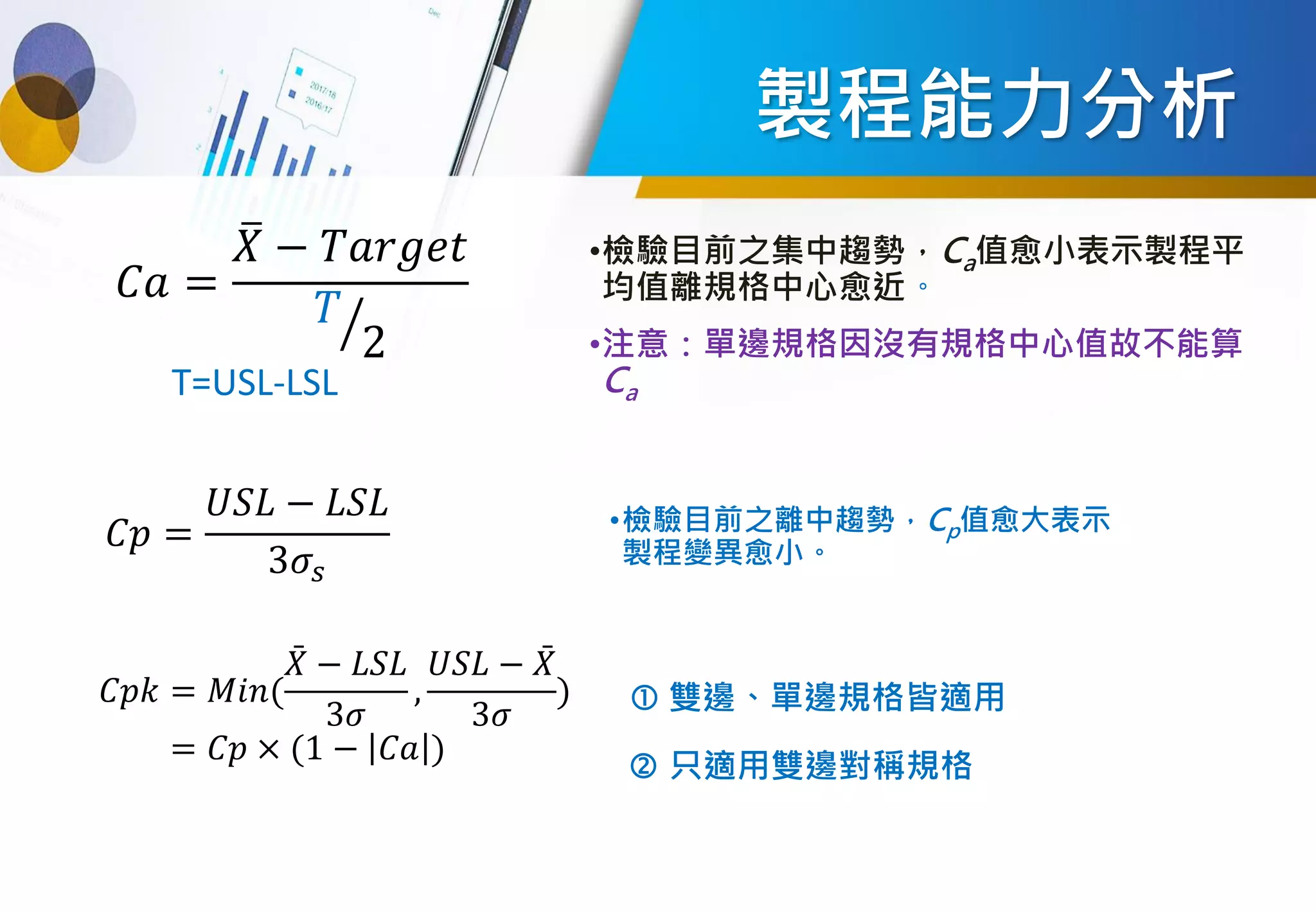 製程能力分析
•檢驗目前之集中趨勢，Ca值愈小表示製程平
均值離規格中心愈近。
•注意：單邊規格因沒有規格中心值故不能算
Ca
•檢驗目前之離中趨勢，Cp值愈大表示
製程變異愈小。
𝐶𝑝𝑘 = 𝑀𝑖𝑛(
ሜ
𝑋 − 𝐿𝑆𝐿
3𝜎
,
𝑈𝑆𝐿 − ሜ
𝑋
3𝜎
)
= 𝐶𝑝 × (1 − 𝐶𝑎 )
 雙邊、單邊規格皆適用
𝐶𝑝 =
𝑈𝑆𝐿 − 𝐿𝑆𝐿
3𝜎𝑠
𝐶𝑎 =
ത
𝑋 − 𝑇𝑎𝑟𝑔𝑒𝑡
ൗ
𝑇
2
T=USL-LSL
 只適用雙邊對稱規格
 