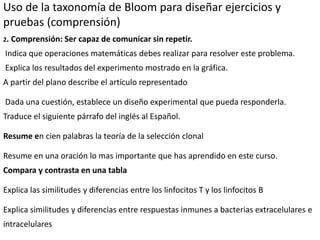 15
Uso de la taxonomía de Bloom para diseñar ejercicios y
pruebas (comprensión)
2. Comprensión: Ser capaz de comunicar sin repetir.
Indica que operaciones matemáticas debes realizar para resolver este problema.
Explica los resultados del experimento mostrado en la gráfica.
A partir del plano describe el artículo representado
Dada una cuestión, establece un diseño experimental que pueda responderla.
Traduce el siguiente párrafo del inglés al Español.
Resume en cien palabras la teoría de la selección clonal
Resume en una oración lo mas importante que has aprendido en este curso.
Compara y contrasta en una tabla
Explica las similitudes y diferencias entre los linfocitos T y los linfocitos B
Explica similitudes y diferencias entre respuestas inmunes a bacterias extracelulares e
intracelulares
 