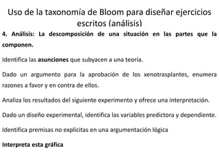 17
Uso de la taxonomía de Bloom para diseñar ejercicios
escritos (análisis)
4. Análisis: La descomposición de una situación en las partes que la
componen.
Identifica las asunciones que subyacen a una teoría.
Dado un argumento para la aprobación de los xenotrasplantes, enumera
razones a favor y en contra de ellos.
Analiza los resultados del siguiente experimento y ofrece una interpretación.
Dado un diseño experimental, identifica las variables predictora y dependiente.
Identifica premisas no explicitas en una argumentación lógica
Interpreta esta gráfica
 