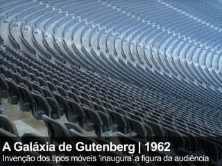 A Galáxia de Gutenberg | 1962
Invenção dos tipos móveis ‘inaugura’ a figura da audiência
 