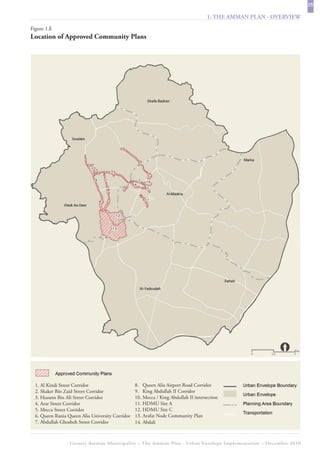 25
                                                                                     1. THE AMMAN PLAN - OVERVIEW
Figure 1.E
Location of Approved Community Plans




  1. Al Kindi Street Corridor                     8. Queen Alia Airport Road Corridor
  2. Shaker Bin Zaid Street Corridor              9. King Abdullah II Corridor
  3. Hussein Bin Ali Street Corridor              10. Mecca / King Abdullah II intersection
  4. Arar Street Corridor                         11. HDMU Site A
  5. Mecca Street Corridor                        12. HDMU Site C
  6. Queen Rania Queen Alia University Corridor   13. Arafat Node Community Plan
  7. Abdullah Ghosheh Street Corridor             14. Abdali



                  Greater Amman Municipality – The Amman Plan - Urban Envelope Implementation – December 2010
 