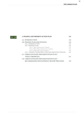 VII
                                                                THE AMMAN PLAN




131 - 159   3. PHASING AND PRIORITY ACTION PLAN                       131

            3.A INTRODUCTION                                          133
            3.B. PHASING PLAN AND POLICIES                            134
               3.B.1 INTRODUCTION                                     135
               3.B.2 PHASING PLAN                                     136
                      3.B.2.1 Water Infrastructure Capacity           138
                      3.B.2.2 Waste Water Infrastructure Capacity     139
                      3.B.2.3 High Order Transit Capacity             140
               3.B.3 PHASING, INFRASTRUCTURE AND SERVICING POLICIES   142
            3.C. URBAN ENVELOPE IMPLEMENTATION PLAN –
                 POLICY PRIORITIES                                    147
            3.D URBAN ENVELOPE IMPLEMENTATION PLAN –
                 RECOMMENDED DEVELOPMENT REVIEW PROCESSES             159
 