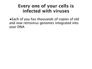 Every one of your cells is
       infected with viruses
•Each of you has thousands of copies of old
and new retrovirus genomes integrated into
your DNA
 