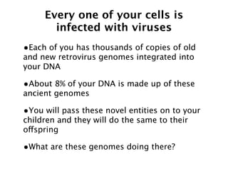 Every one of your cells is
       infected with viruses
•Each of you has thousands of copies of old
and new retrovirus genomes integrated into
your DNA

•About 8% of your DNA is made up of these
ancient genomes

•You will pass these novel entities on to your
children and they will do the same to their
offspring

•What are these genomes doing there?
 