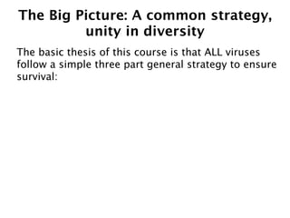 The Big Picture: A common strategy,
         unity in diversity
The basic thesis of this course is that ALL viruses
follow a simple three part general strategy to ensure
survival:
 