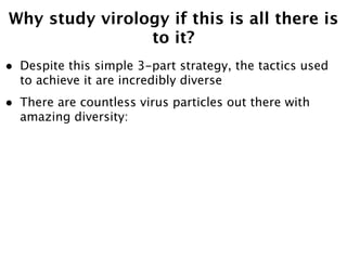 Why study virology if this is all there is
                to it?
•   Despite this simple 3-part strategy, the tactics used
    to achieve it are incredibly diverse
•   There are countless virus particles out there with
    amazing diversity:
 