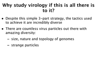 Why study virology if this is all there is
                to it?
•   Despite this simple 3-part strategy, the tactics used
    to achieve it are incredibly diverse
•   There are countless virus particles out there with
    amazing diversity:
    -   size, nature and topology of genomes
    -   strange particles
 