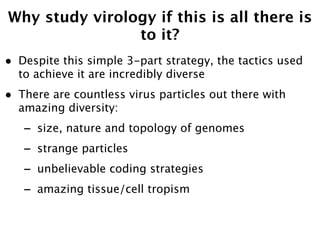 Why study virology if this is all there is
                to it?
•   Despite this simple 3-part strategy, the tactics used
    to achieve it are incredibly diverse
•   There are countless virus particles out there with
    amazing diversity:
    -   size, nature and topology of genomes
    -   strange particles
    -   unbelievable coding strategies
    -   amazing tissue/cell tropism
 