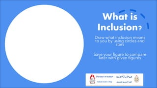 What is
Inclusion?
Draw what inclusion means
to you by using circles and
stars
Save your figure to compare
later with given figures
 