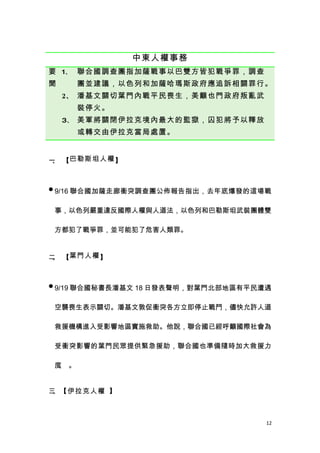 中東人權事務
要 1、 聯合國調查團指加薩戰事以巴雙方皆犯戰爭罪，調查
聞      團並建議，以色列和加薩哈瑪斯政府應追訴相關罪行。
    2、 潘基文關切葉門內戰平民喪生，美籲也門政府叛亂武
       裝停火。
    3、 美軍將關閉伊拉克境內最大的監獄，囚犯將予以釋放
       或轉交由伊拉克當局處置。


一 【巴勒斯坦人權 】
 、



 9/16 聯合國加薩走廊衝突調查團公佈報告指出，去年底爆發的這場戰


 事，以色列嚴重違反國際人權與人道法，以色列和巴勒斯坦武裝團體雙

 方都犯了戰爭罪，並可能犯了危害人類罪。


二 【葉門人權 】
 、



 9/19 聯合國秘書長潘基文 18 日發表聲明，對葉門北部地區有平民遭遇


 空襲喪生表示關切。潘基文敦促衝突各方立即停止戰鬥，儘快允許人道

 救援機構進入受影響地區實施救助。他說，聯合國已經呼籲國際社會為

 受衝突影響的葉門民眾提供緊急援助，聯合國也準備隨時加大救援力

 度 。
  。


三、【伊拉克人權 】



                                     12
 