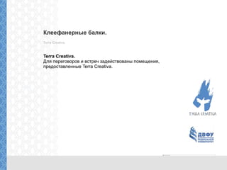 Клеефанерные балки.
Terra Creativa.
Terra Creativa.
Для переговоров и встреч задействованы помещения,
предоставленные Terra Creativa.
 