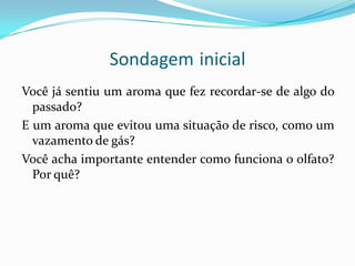 Sondagem inicial
Você já sentiu um aroma que fez recordar-se de algo do
passado?
E um aroma que evitou uma situação de risco, como um
vazamento de gás?
Você acha importante entender como funciona o olfato?
Por quê?

 