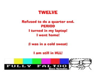 TWELVE

Refused to do a quarter end.
           PERIOD
   I turned in my laptop!
        I went home!

   (I was in a cold sweat)

      I am still in HLL!



               Steve Remedios
 