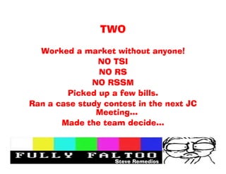 TWO

  Worked a market without anyone!
               NO TSI
                NO RS
              NO RSSM
        Picked up a few bills.
Ran a case study contest in the next JC
               Meeting
       Made the team decide



                   Steve Remedios
 