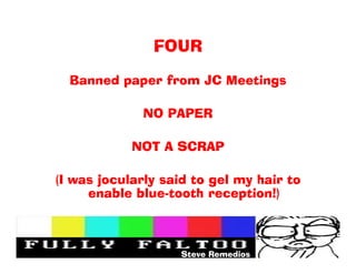 FOUR

  Banned paper from JC Meetings

             NO PAPER

            NOT A SCRAP

(I was jocularly said to gel my hair to
     enable blue-tooth reception!)



                    Steve Remedios
 