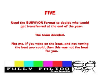 FIVE

Used the SURVIVOR format to decide who would
     get transferred at the end of the year.

              The team decided.

Not me. If you were on the boat, and not rowing
  the best you could, then this was not the boat
                     for you.




                        Steve Remedios
 