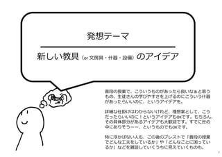 3 
発想テーマ 
━━━━━━━━━━━━━━━━ 
新しい教具（or ⽂房具・什器・設備）のアイデア 
普段の授業で、こういうものがあったら良いなぁと思う 
もの、⽣徒さんの学びやすさを上げるのにこういう什器 
があったらいいのに、というアイデアを。 
詳細な仕掛けはわからないけれど、理想案として、こう 
だったらいいのに！というアイデアもOKです。もちろん、 
その具体部分があるアイデアも⼤歓迎です。すでに世の 
中にありそうーー、というものでもOKです。 
特に浮かばない⼈も、この後のブレストで「普段の授業 
でどんな⼯夫をしているか」や「どんなことに困ってい 
るか」などを雑談していくうちに⾒えていくものも。 
 