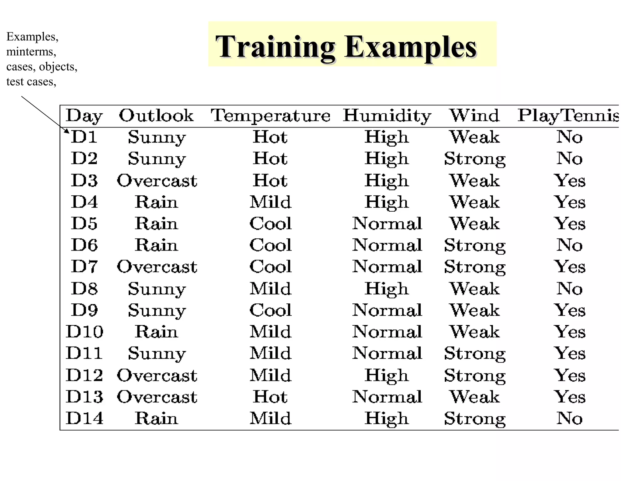TTrraaiinniinngg EExxaammpplleess Examples, 
minterms, 
cases, objects, 
test cases, 
 