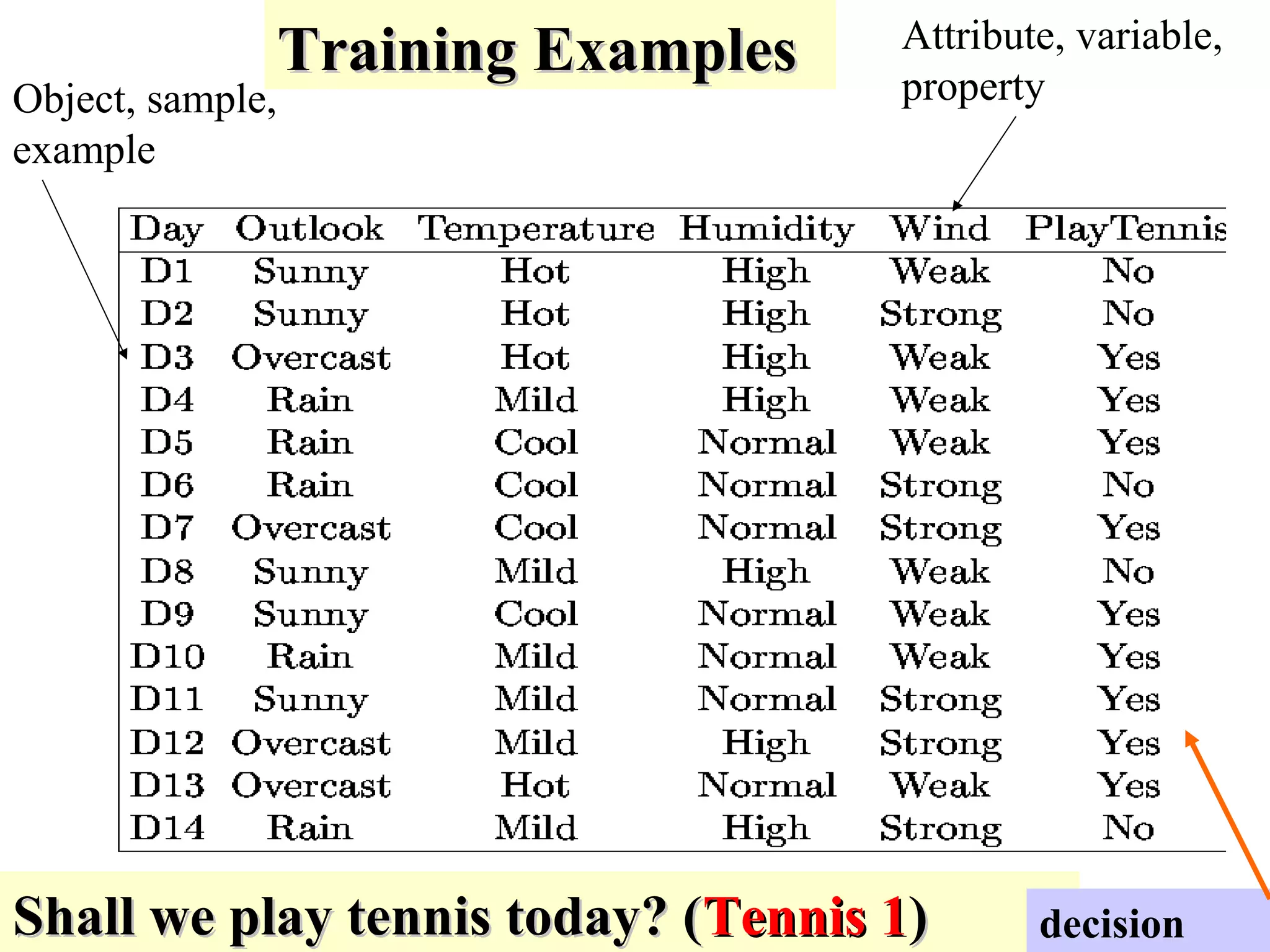 TTrraaiinniinngg EExxaammpplleess 
Attribute, variable, 
Object, sample, property 
example 
SShhaallll wwee ppllaayy tteennnniiss ttooddaayy?? ((TTeennnniiss 11)) 
decision 
 