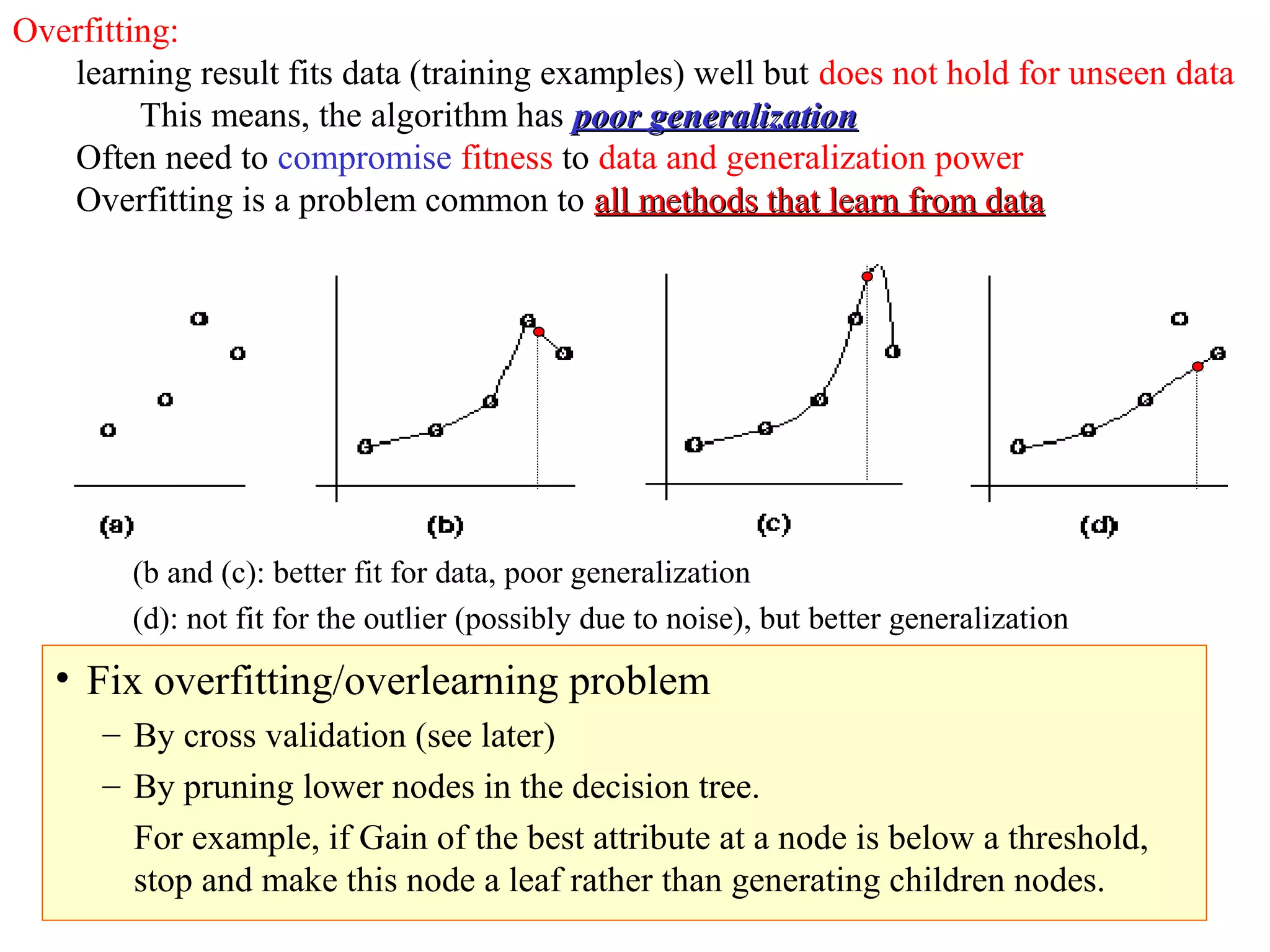 Overfitting: 
learning result fits data (training examples) well but does not hold for unseen data 
This means, the algorithm has ppoooorr ggeenneerraalliizzaattiioonn 
Often need to compromise fitness to data and generalization power 
Overfitting is a problem common to aallll mmeetthhooddss tthhaatt lleeaarrnn ffrroomm ddaattaa 
(b and (c): better fit for data, poor generalization 
(d): not fit for the outlier (possibly due to noise), but better generalization 
• Fix overfitting/overlearning problem 
– By cross validation (see later) 
– By pruning lower nodes in the decision tree. 
For example, if Gain of the best attribute at a node is below a threshold, 
stop and make this node a leaf rather than generating children nodes. 
 